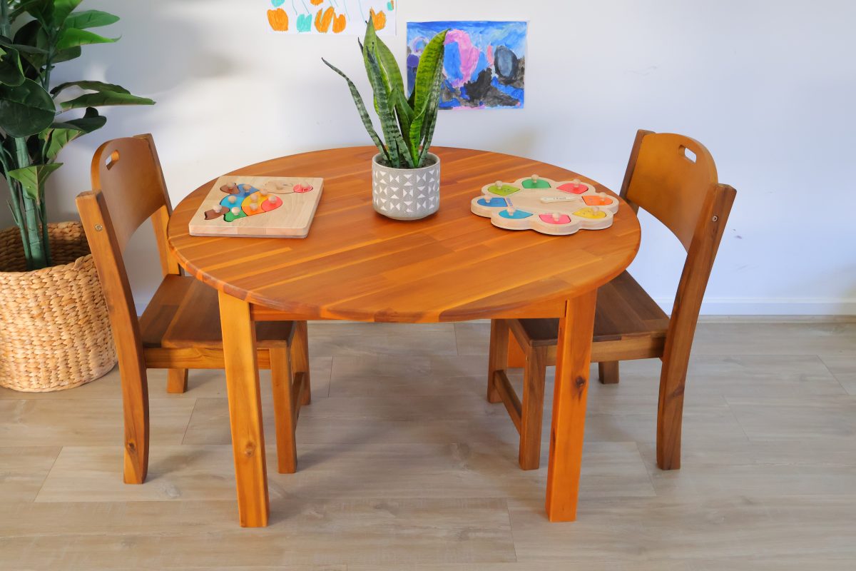 Acacia Large Round Table with 2 Stacking Chairs - Image 3
