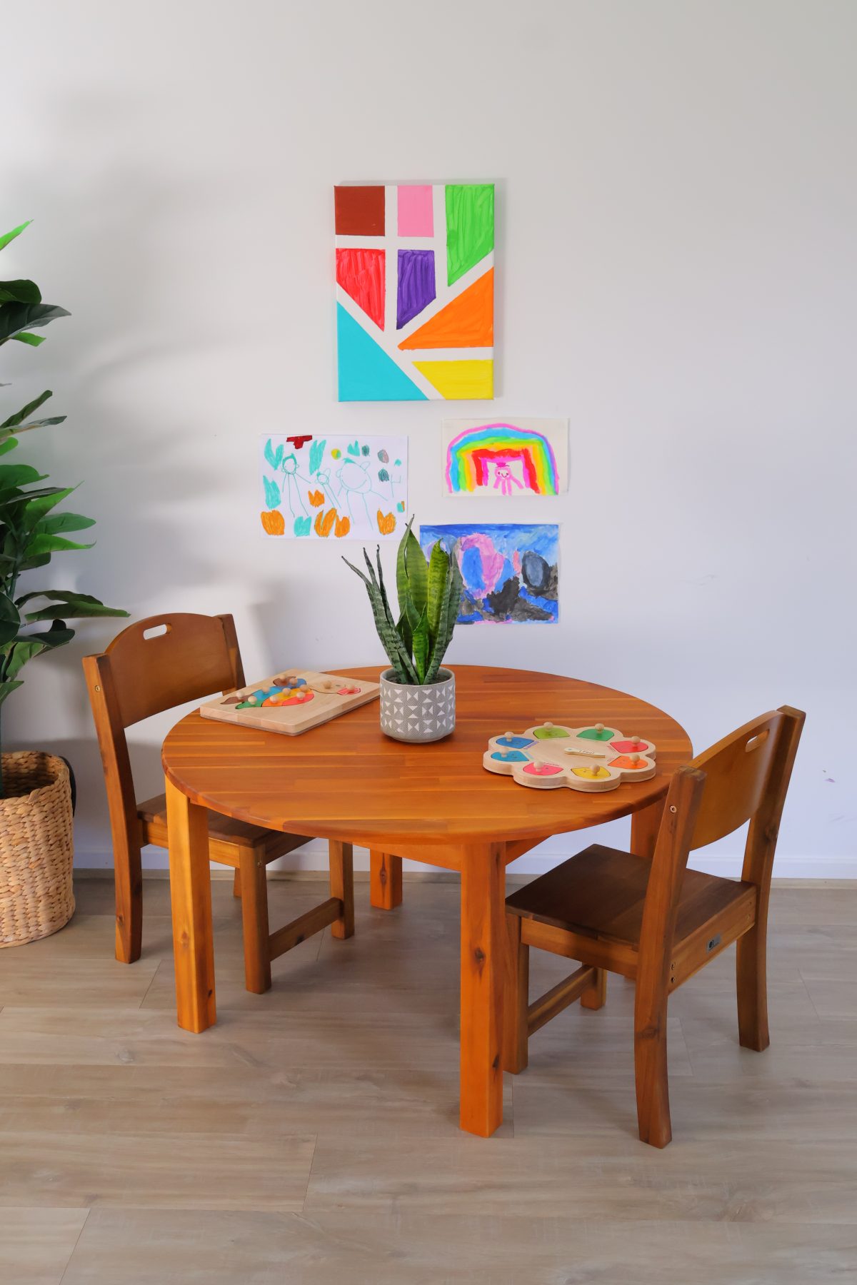 Acacia Large Round Table with 2 Stacking Chairs - Image 1