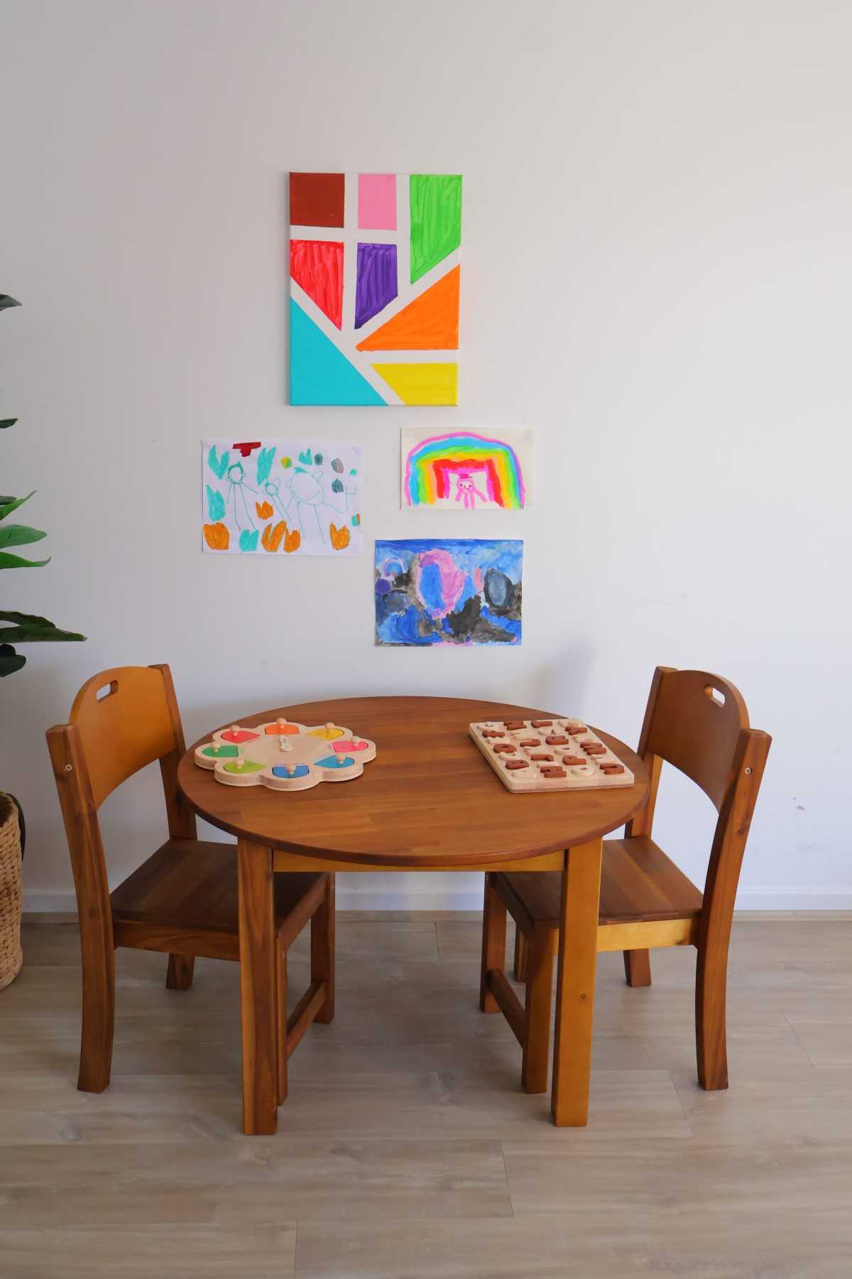 Hardwood Medium Round Table with 2 Stacking Chairs - Image 6