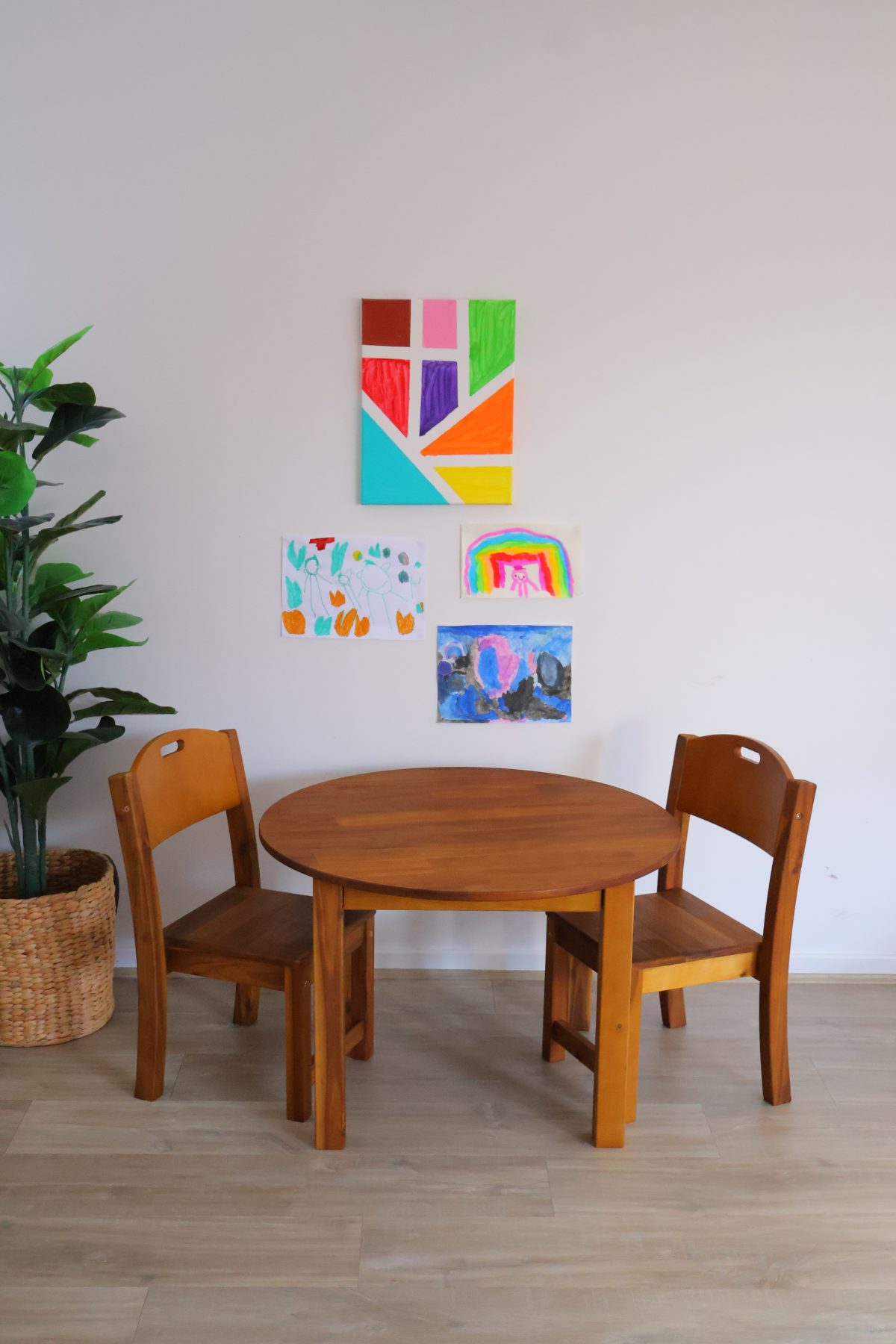 Hardwood Medium Round Table with 2 Stacking Chairs - Image 5