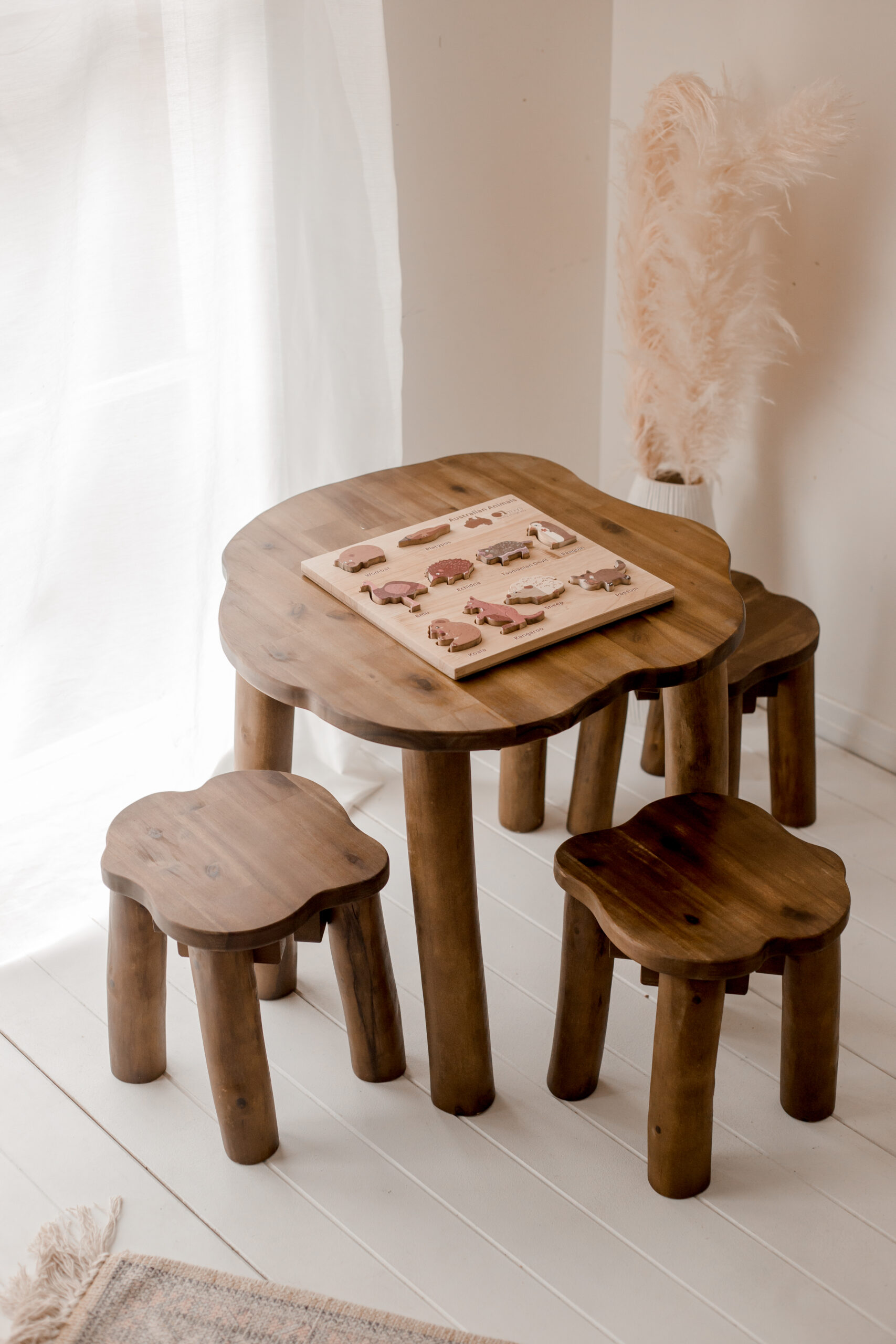 Hardwood Tree Table and 3 Stools Set - Image 1