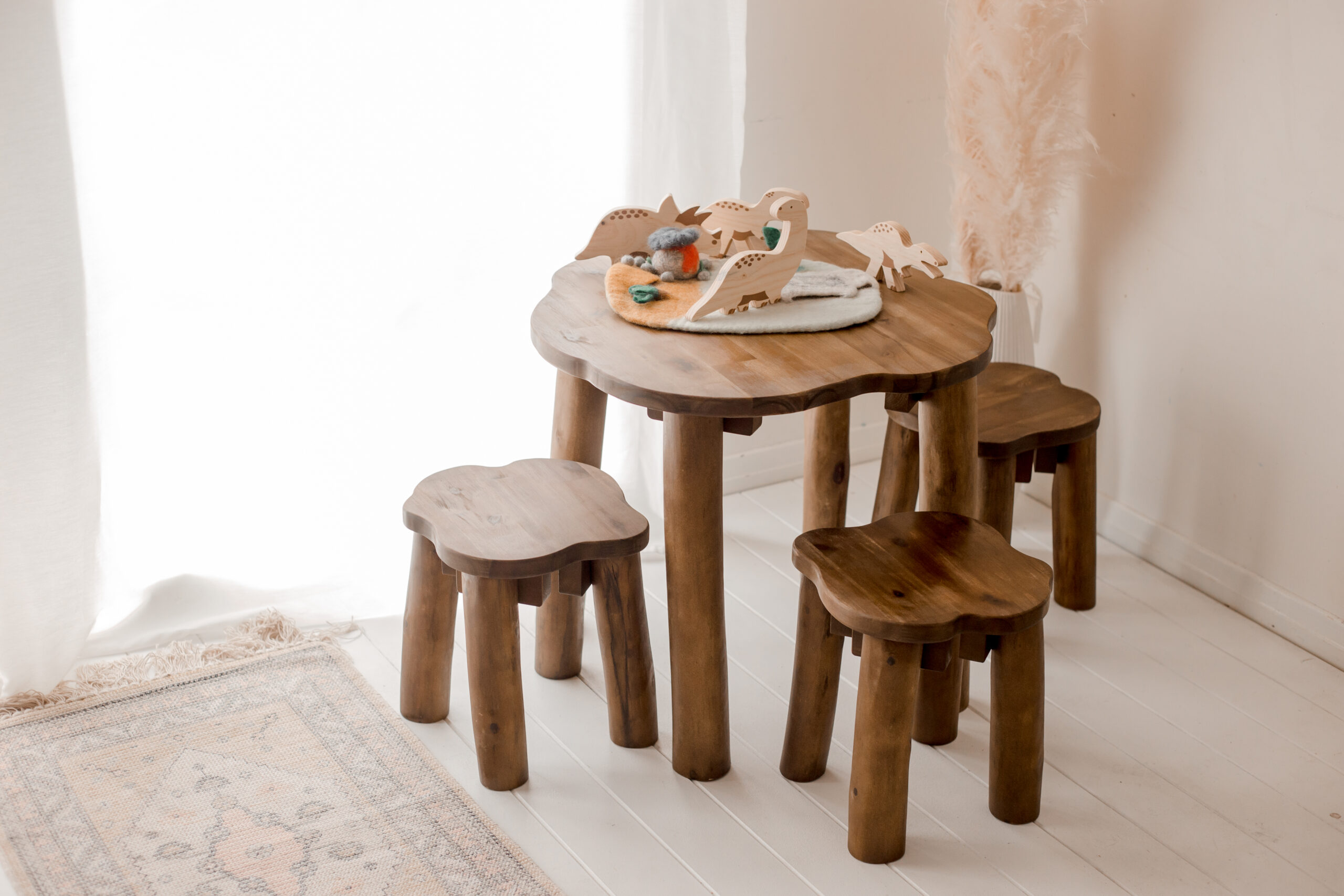 Hardwood Tree Table and 3 Stools Set - Image 2