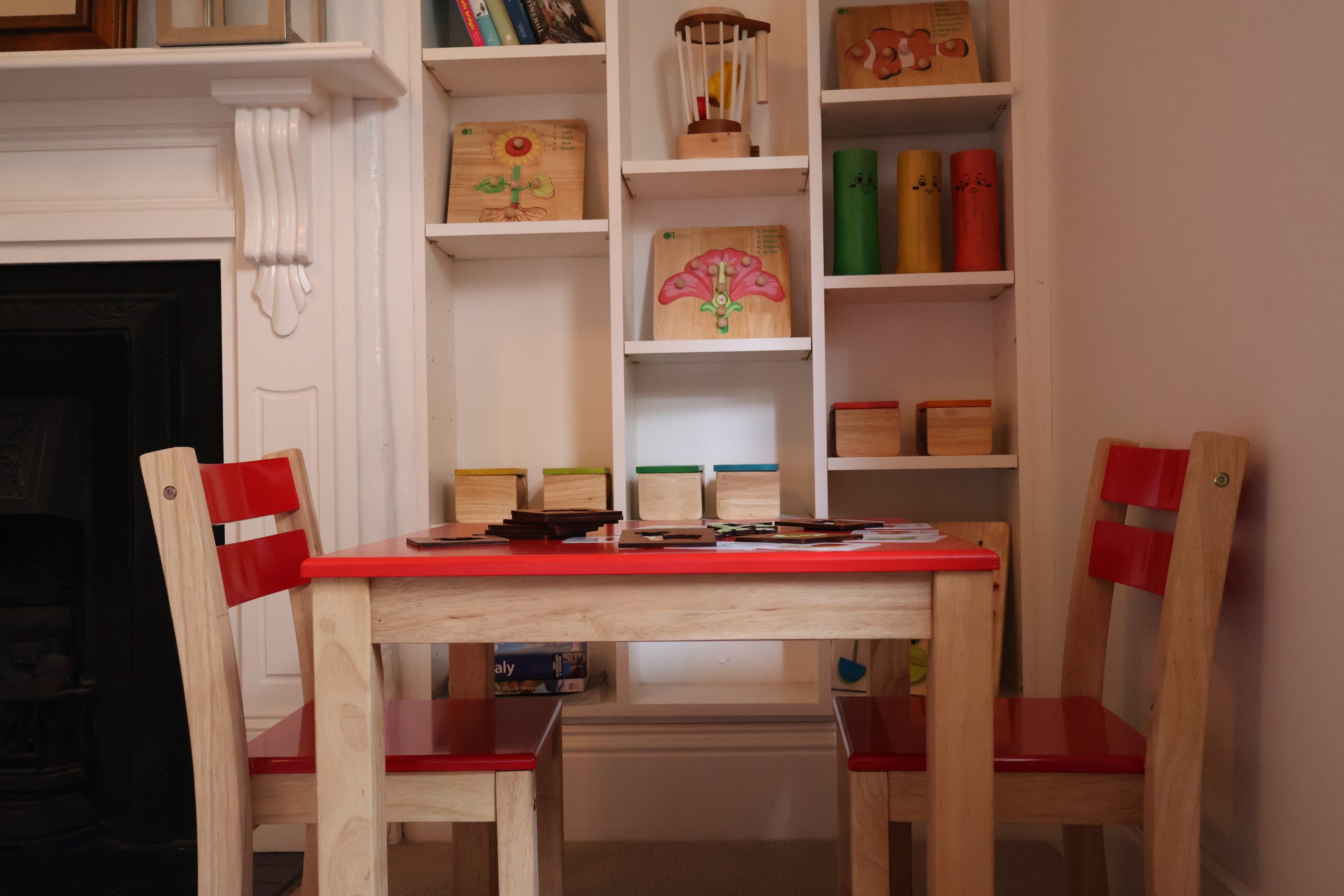 428432 dec2025 Red Top Timber Table with 2 Matching Chairs - Image 1