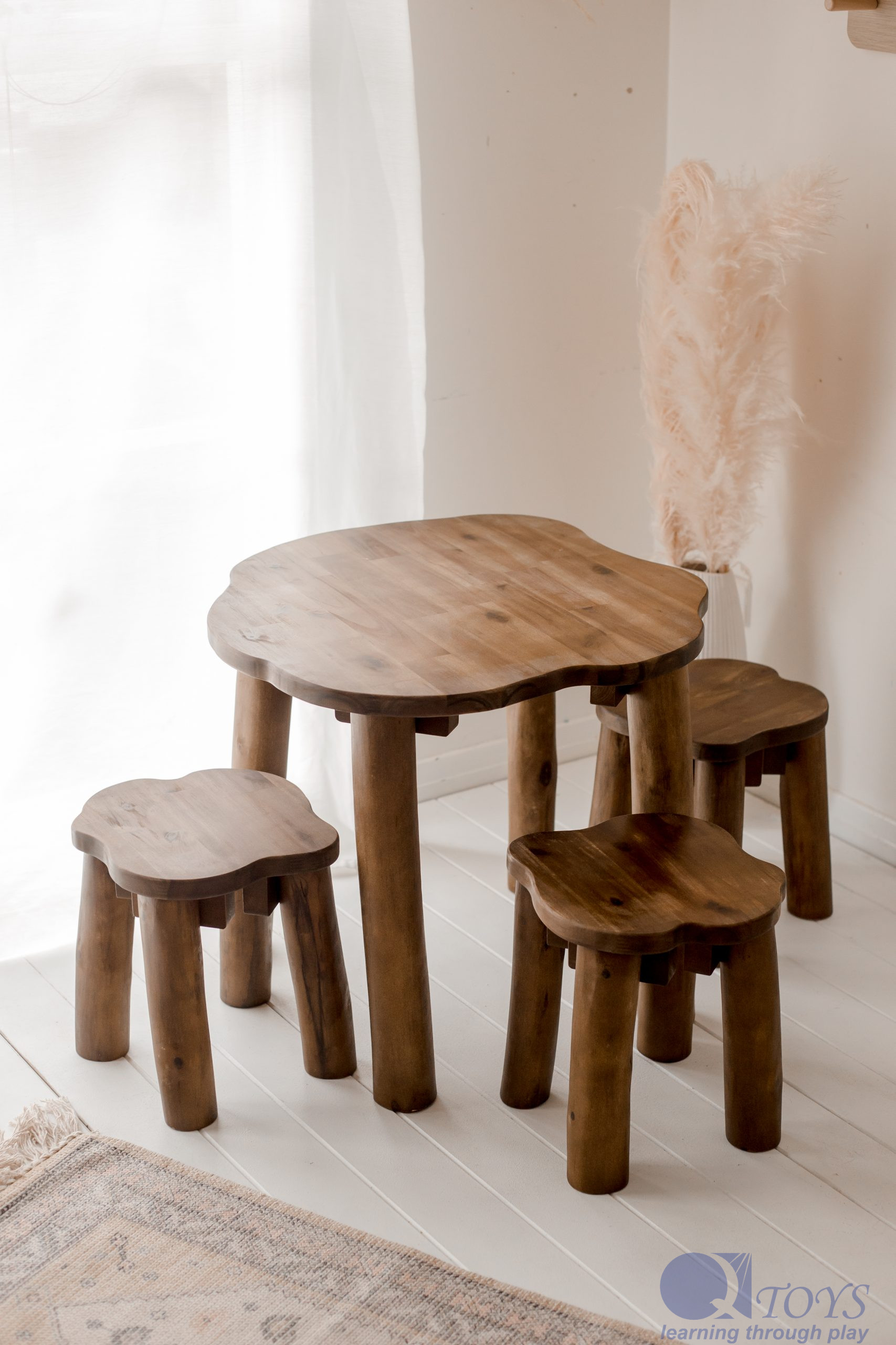 Hardwood Tree Table and 3 Stools Set