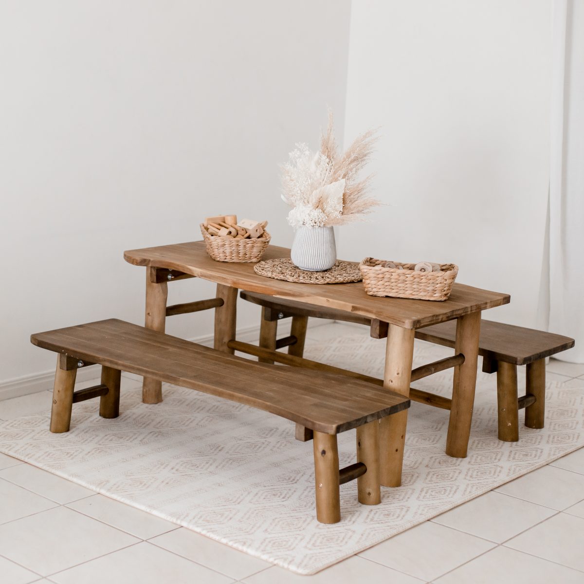 tree table and 2 benches