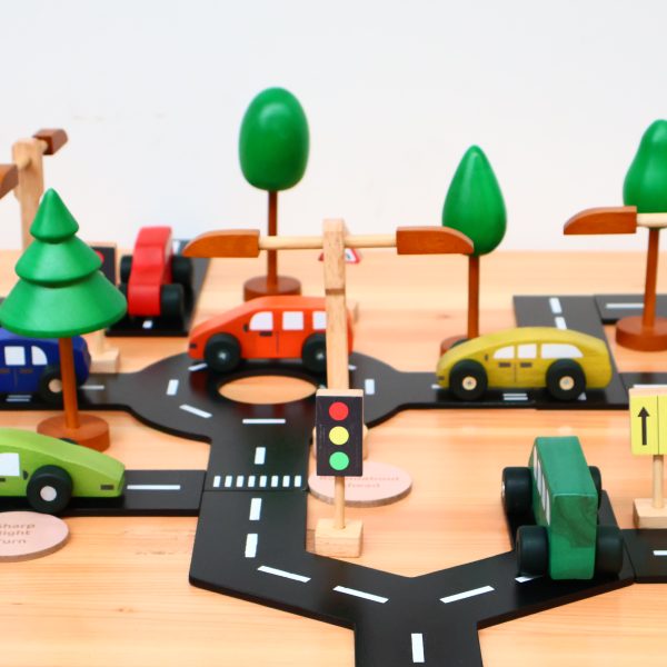 Road Play Set with Coloured Wooden Cars and Wooden Tree Set