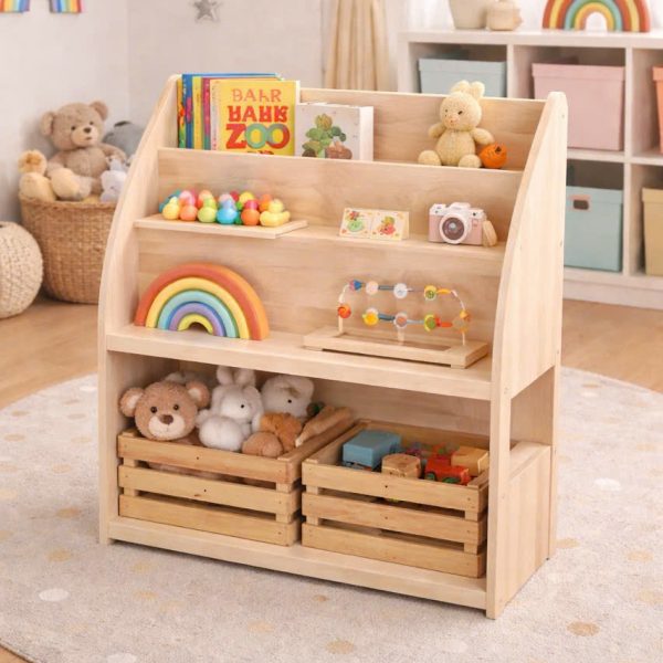 Bookshelf with bamboo storage crates