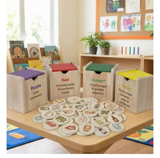 Wooden recycling and waste bin sorter